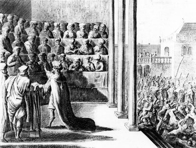 Herodes den store anklager sønnene hans, Alexander og Aristobulus, for forræderi. ca. 1700 av Dutch School