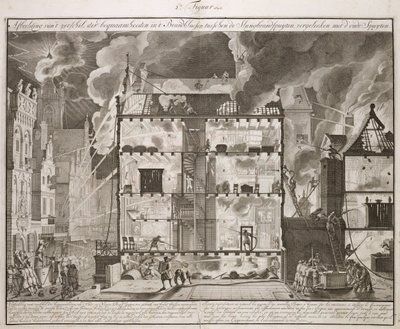Illustrasjon som viser hvordan nye lange brannslanger kan nå alle deler av en bygning, fra en bok om Firefighting in Holland, utgitt ca. 1700 av Dutch School