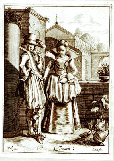 'Le Francois', illustrasjon som viser et par i fransk drakt (gravering) (s/h foto) av Dutch School