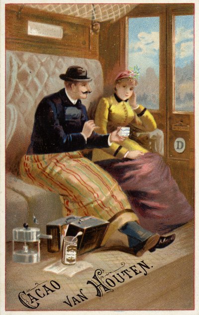 Mann som tilbyr sjokolade til kvinne på tog (chromolitho) av Dutch School
