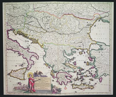 Kart over Hellas, Ungarn og deres omkringliggende land (håndfarget gravering) av Dutch School