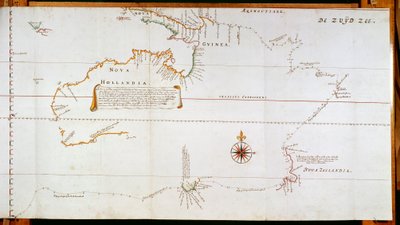 Kart over New Holland, nå Australia, og over New Zealand, hentet fra informasjon samlet inn under turer foretatt av Abel Janszoon Tasman
