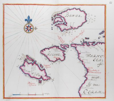 Kart som viser deler av øya Ceram (Seram) og Bonoa (Boano-øya) og Kelang-øya og Manipa-øya. av Dutch School