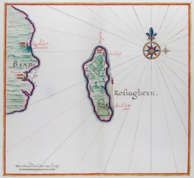 Kart som viser en liten del av Banda Besar (Lonthoir) og Hatta (Rosengain.) Bnda-øyene, en del av den indonesiske provinsen Maluku. av Dutch School