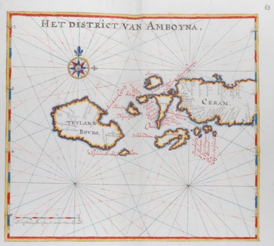 Kart som viser øyene Bouro og Ceram (Seram), Indonesia. av Dutch School