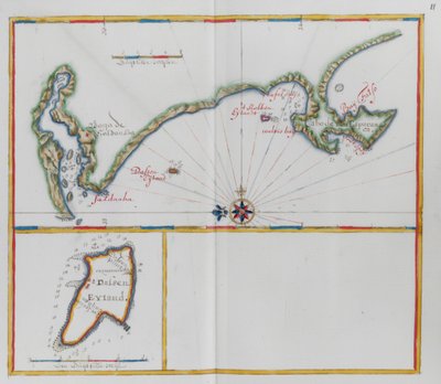 Kart som viser Dassen Island, en sørafrikansk øy, og kysten motsatt. av Dutch School