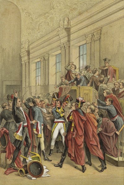Napoleon kaster ut rådet av fem hundre fra sine kamre, kuppet av 18 Brumaire, 1799 av Dutch School