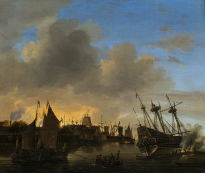 Tallrike skip i en nederlandsk havn av Dutch School