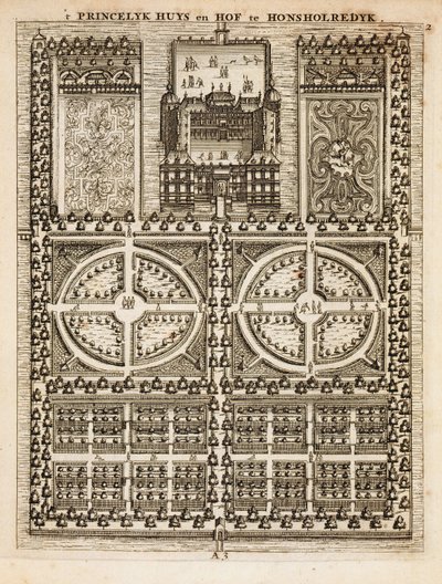 Palace of Honsholredyk, fra The Dutch Gardener av Johann van der Groen, utgitt 1699 av Dutch School