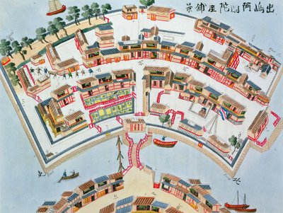 Plan over den nederlandske fabrikken på øya Desima i Nangasaki, fra Illustrasjoner av Japan av Isaac Titsingh (ca. 1740-1812), utgitt London, 1822 av Dutch School