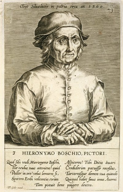 Portrett av Hieronymus Bosch (ca. 1450-1516) plate 3 i en serie portretter av kunstnere, gravert av Theodor Galle (1571-1633) av Dutch School