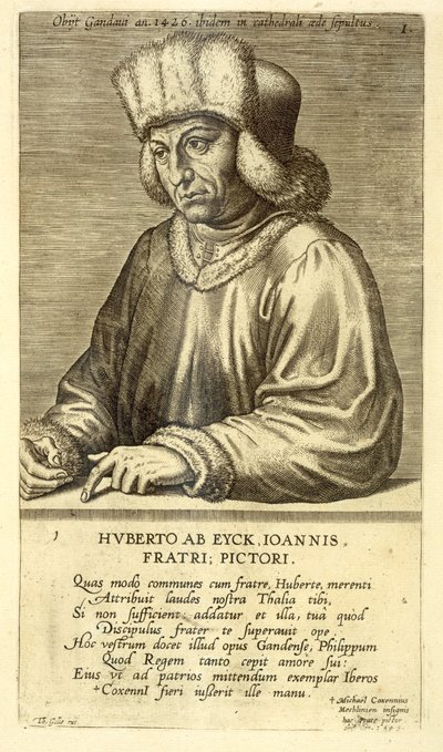 Portrett av Hubert van Eyck (1366-1426) plate 1 fra en serie portretter av kunstnere, gravert av Theodor Galle (1571-1633) av Dutch School