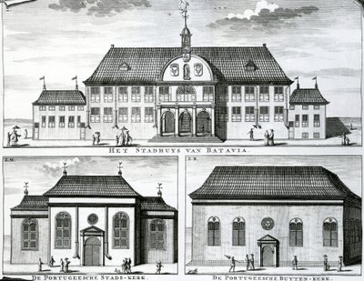 Portugisisk kirke og rådhus i Batavia, 1800-tallet, av Dutch School