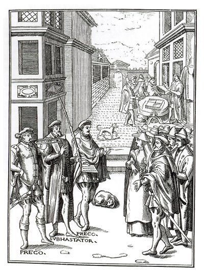 Salg av Town Crier, etter et tresnitt i Praxis Rerum Civilium av Joos de Damhouder (1507-81) utgitt Antwerpen, 1557 av Dutch School