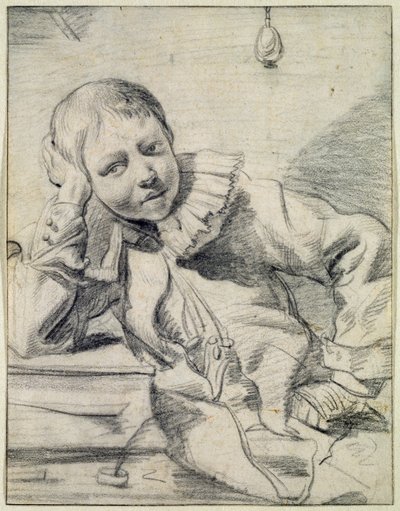 Skolegutt ved skrivebordet hans, ca. 1630-45 (kritt på papir) av Dutch School