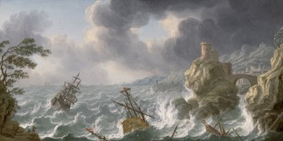 Forlis i en storm utenfor en steinete kyst av Dutch School