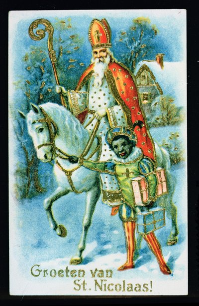 St.Nicholas og en svart hjelper, ca. 1890, nederlandsk kort av Dutch School