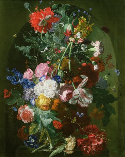 Stilleben av blomster i en terrakottavase satt i en nisje av Dutch School