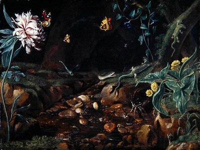Strøm i en dell med blomster og krypdyr (olje på lerret) av Dutch School
