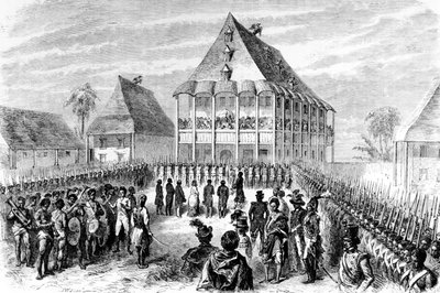 The Arrival of Madame Pfeiffer (Ida Pfeiffer) av dronning Ranavaio, 1846-1848 av Dutch School