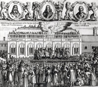 Halshuggingen av kong Charles I (1600-49) 1649 (gravering) (bw-foto) av Dutch School
