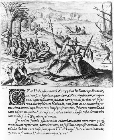 Nederlenderne på Mauritius i 1598, gravert av de Bry av Dutch School