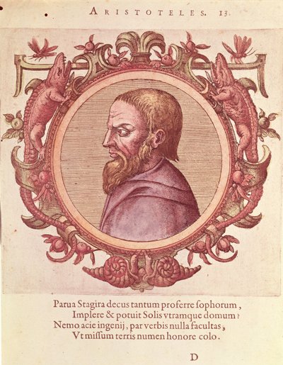 Filosofen Aristoteles (384-322 f.Kr.), illustrasjon fra antikkens og nyere fysikk og filosofers ikoner av Johannes Sambucus (1531-1584), utgitt av Plantin i Antwerpen 1574 (fargegravering) av Dutch School