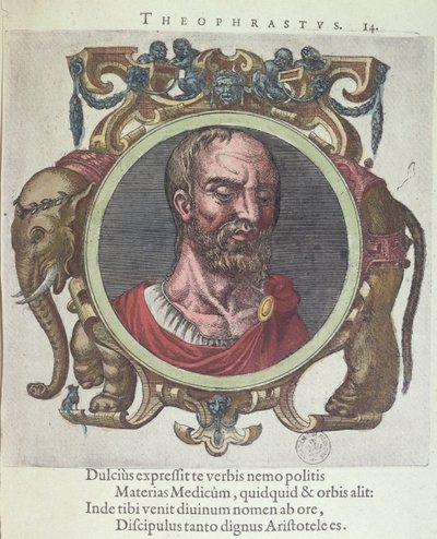 Theophrastus (ca. 372-287 f.Kr.), illustrasjon fra Old and Recent Physics and Philosophers av Johannes Sambucus (1531-84), utgitt av Plantin i Leyden 1603 (fargegravering) av Dutch School