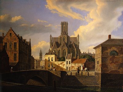 Bybilde med en kanal, bro, trapper og figurer, med en middelalderkirke og tårnet til et rådhus utenfor (olje på papir lagt på kort) av Dutch School