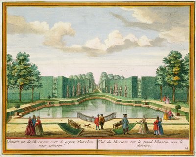 Utsikt fra bower over den store innsjøen, fra Her Zeganplant Kennemerland, av Hendrik de Leth og Matthias Brouerius Van Nidek, utgitt ca. 1700-1730 av Dutch School