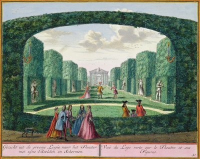 Utsikt fra den grønne loggiaen til teatret, fra Het Zeganplant Kennemerlant, av Hendrick de Leth og Matthias Brouerius Van Nidek, utgitt ca. 1700-1730 av Dutch School