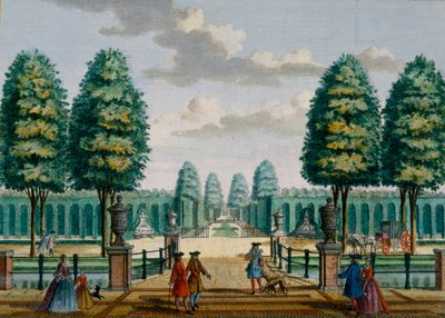 Utsikt fra huset mot frontporten, Meerestein, fra Her Zeganpralent Kennemerland av Hendrik de Leth og Matthias Brouerius Van Nidek, utgitt ca. 1700-1730 av Dutch School