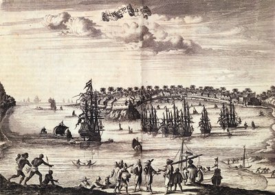 Utsikt over havnen og byen Galle, publisert i Amsterdam 1676 av Dutch School