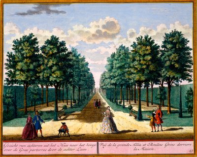 Utsikt over gangveien på baksiden av huset, fra Get Zeganpralent Kennemerland av Hendrik de Leth og Matthias Brouerius Van Nidek, publisert ca. 1700-30 av Dutch School
