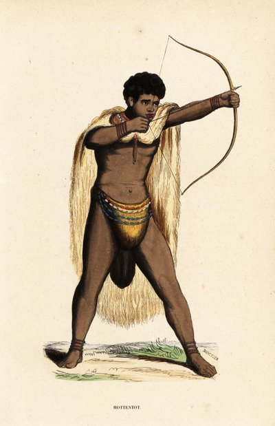 Khoikhoi-mann i dyrehudkappe, perlekledd, med pil og bue av Duverger Duverger