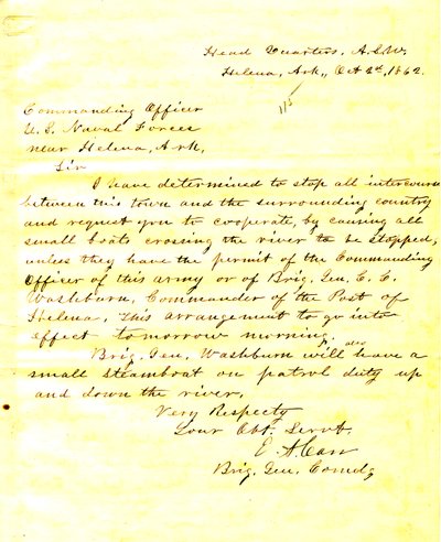 Brev fra EA Carr, Helena, Arkansas, til kommandanten for amerikanske marinestyrker nær Helena, Arkansas, 2. oktober 1862 av E.A. Carr