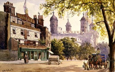 The Old George og Tower of London (akvarell) av E.A. Roberts