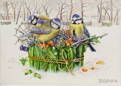 Blue Tits in Leaf Nest, 1996 (akryl på lerret) av E.B. Watts