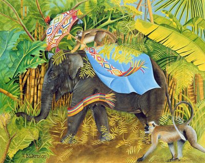 Elephant with Monkeys and Parasol, 2005 (akryl på lerret) av E.B. Watts