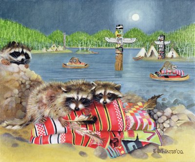 Racoons, 2000 (akryl på lerret) av E.B. Watts
