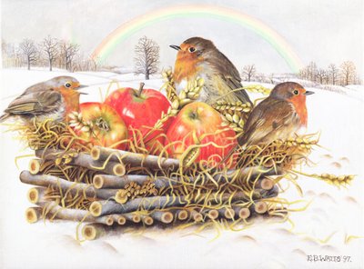 Robins with Apples, 1997 (akryl på lerret) av E.B. Watts