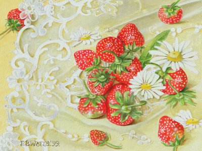 Strawberries on Lace, 1999 (akryl på papir) av E.B. Watts