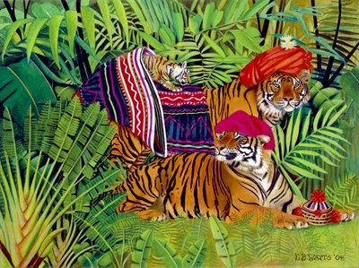 Tigerfamilie med thailandske klær, 2004 (akryl på lerret) av E.B. Watts
