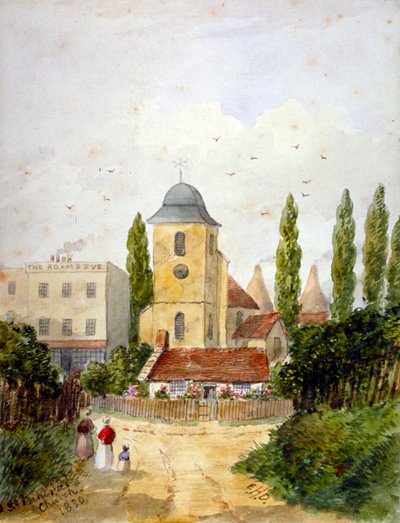 St Pancras Old Church og Adam and Eve Tavern, London, 1830. av EH Dixon