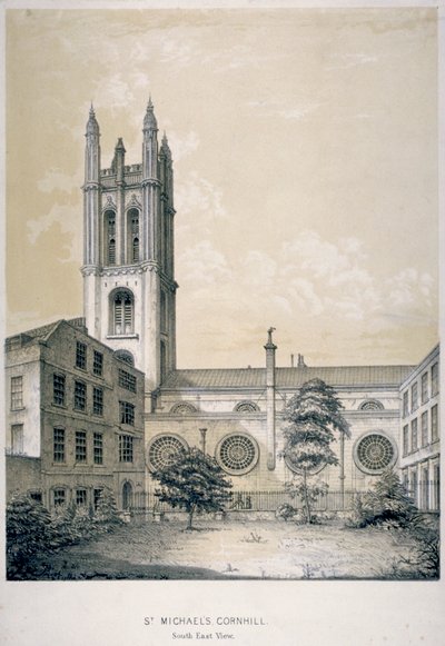 Sørøstutsikt over Church of St Michael, Cornhill, City of London, 1840 av EJ Dickinson