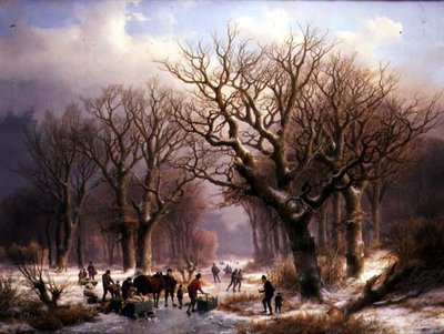 Et vinterlandskap (olje på lerret) av E.J. and Klombeck J.B. Verboeckhoven