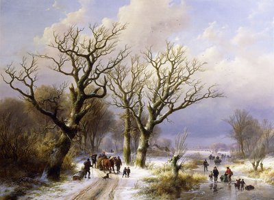 Et skogkledd vinterlandskap med figurer, 1863 av E.J. Verboeckhoven
