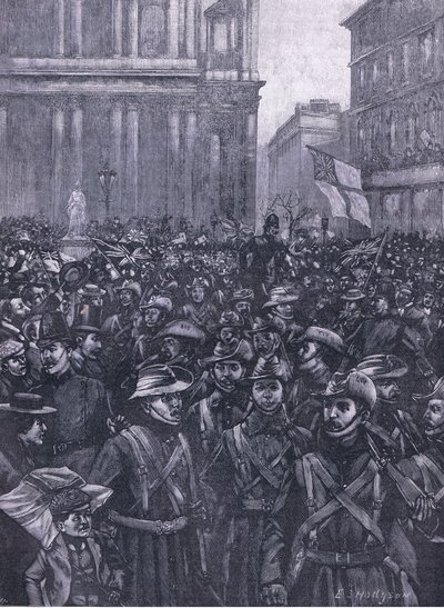 CIV-ene som marsjerer ned Ludgate Hill, på vei til Mansion House til Waterloo Station, illustrasjon fra Cassells History of England, 1900-tallet av E.S. Hodgson