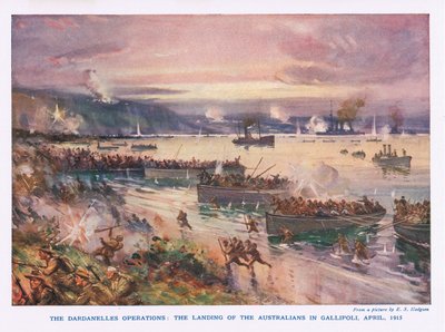 Dardanelles-operasjonene: Landingen av australierne i Gallipoli, april 1915 av E.S. Hodgson
