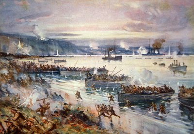 The Landing of the Australians at Gallipoli, april 1915 (farge litho) av E.S. Hodgson
